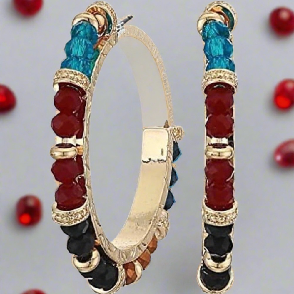 Shashi Royals Gold Vermeil Eclectic Mix Bead Multicolored Crystals Hoop Earrings